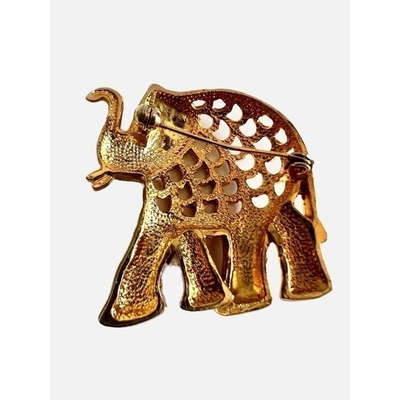 Vintage Gold Tone Open Work Metal Clear Rhinestone Eye Large Elephant Brooch - Picture 2 of 2